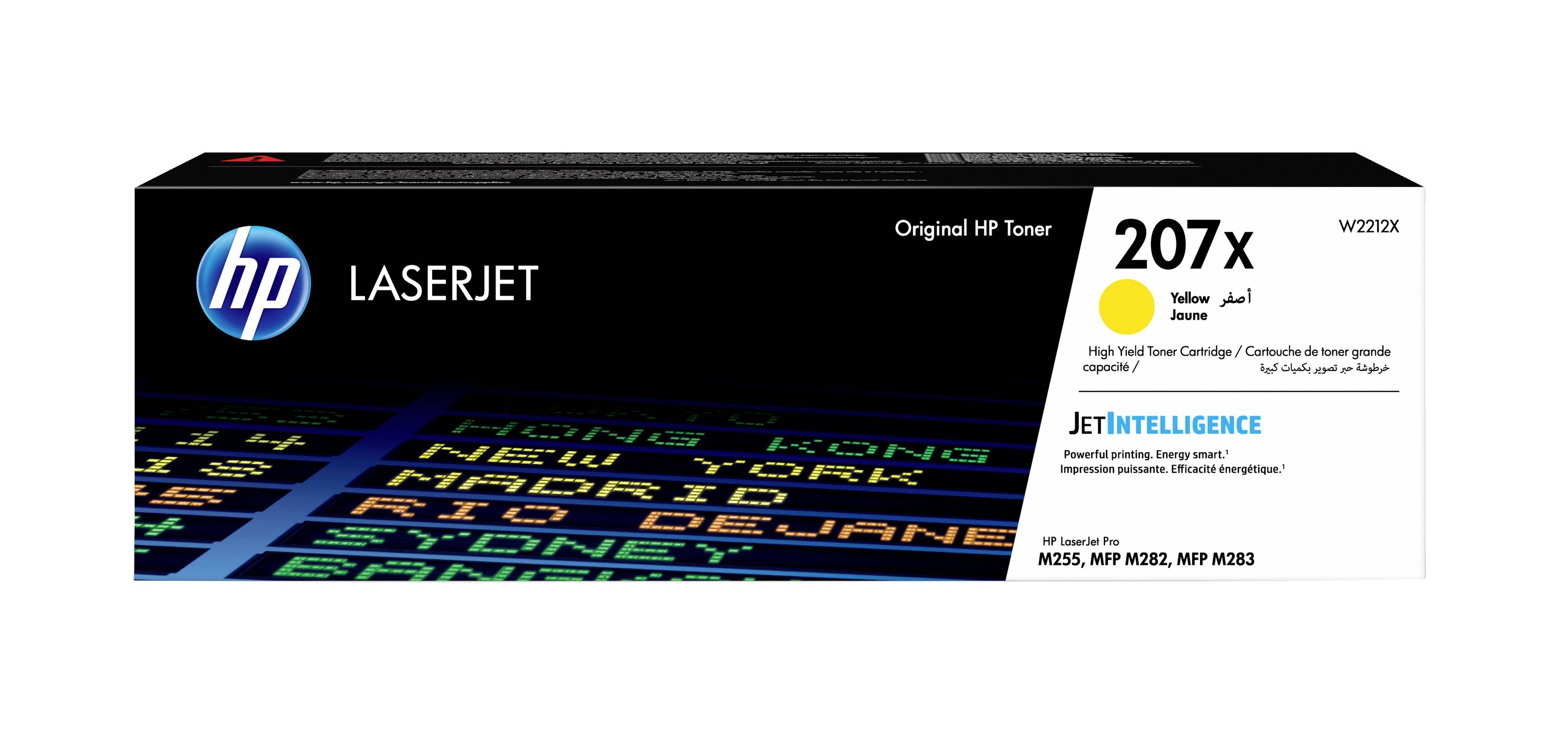 HP LaserJet 207x gelber Original-Tonerpatron in Verpackung für HP LaserJet Drucker, mit JetIntelligence-Branding und kompatible Modellübersicht.