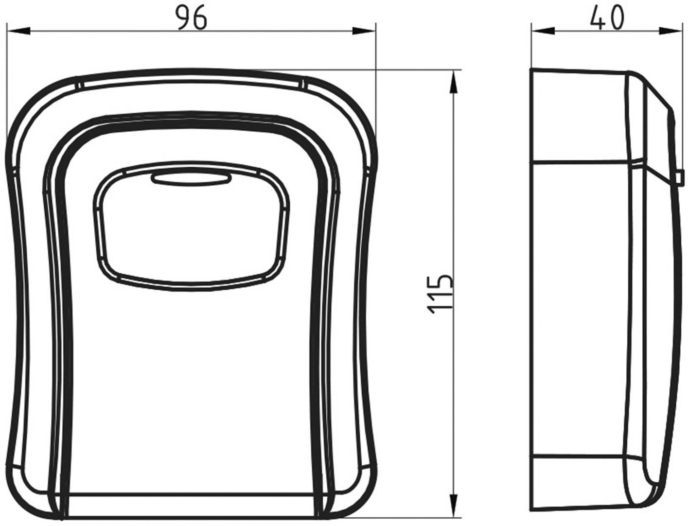 Technische Zeichnung eines eckigen Behälters mit den Maßen: Breite 96 mm, Höhe 115 mm, Tiefe 40 mm. Draufsicht und Seitenansicht.