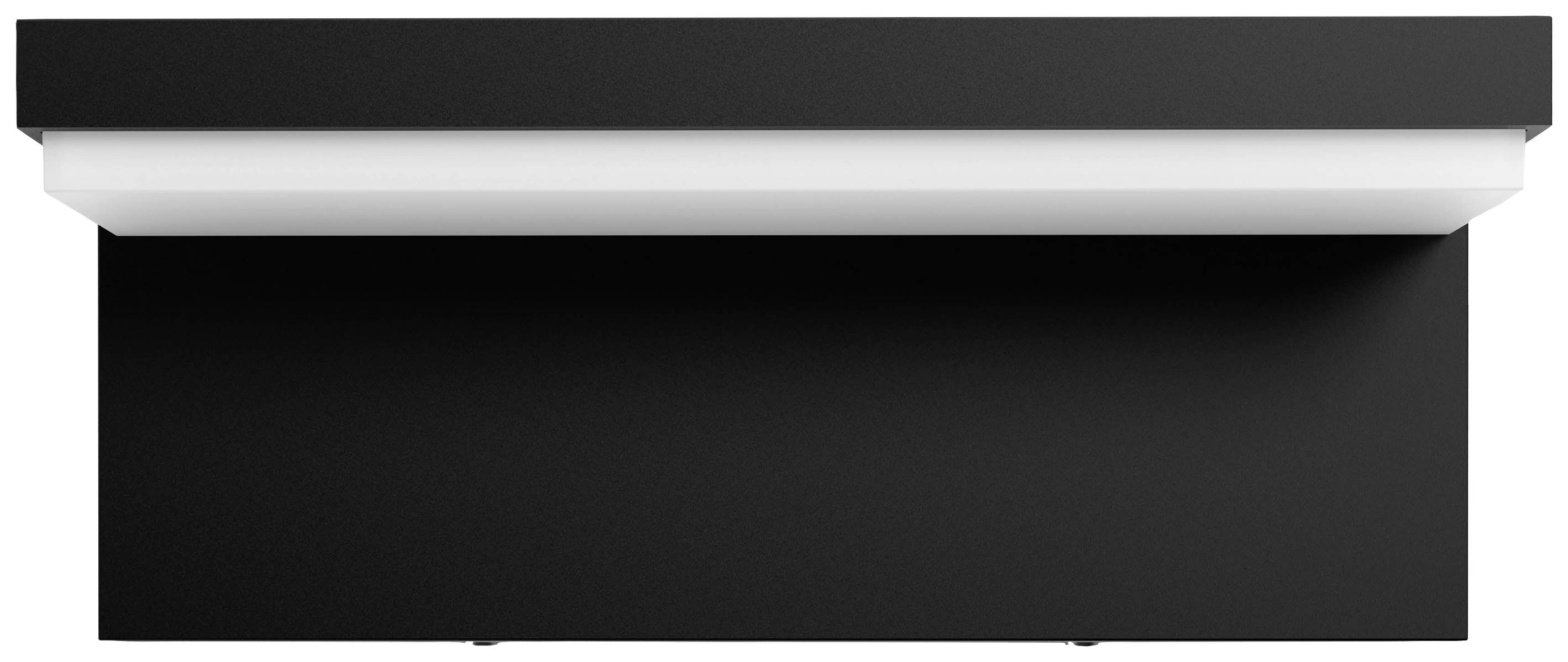 Schwarze rechteckige Struktur von unten gesehen, möglicherweise eine moderne Leuchte mit minimalistischem Design und weißem Akzent.