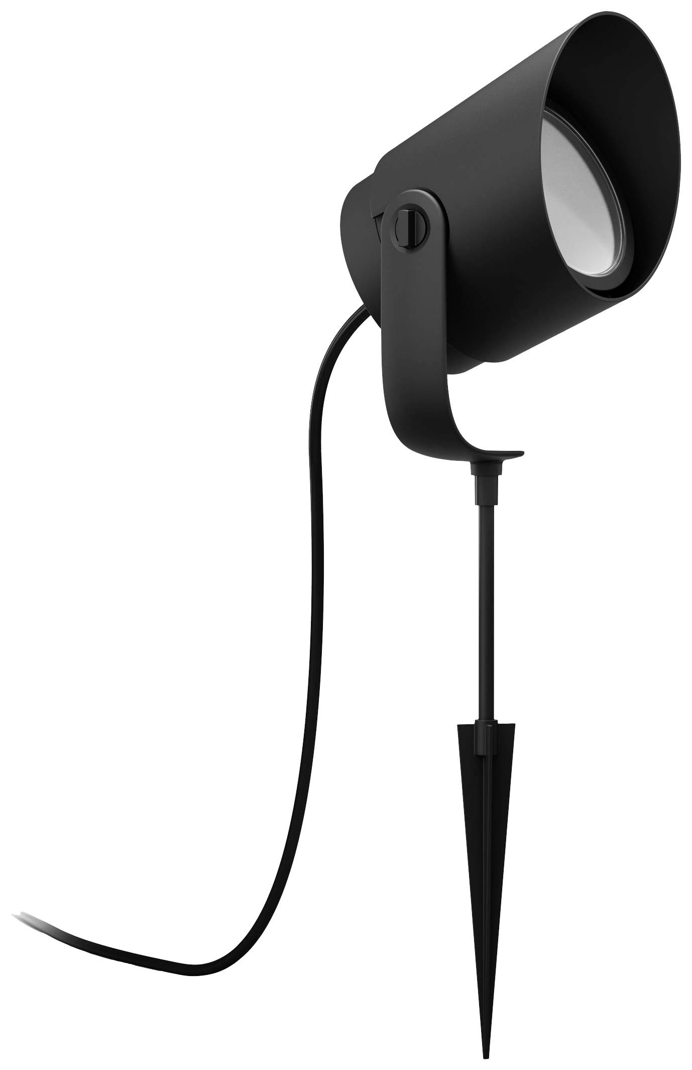 Schwarzer Outdoor-Strahler auf einem Erdspieß, mit Kabel für den Anschluss, geeignet zur Akzentuierung von Gartenbereichen.