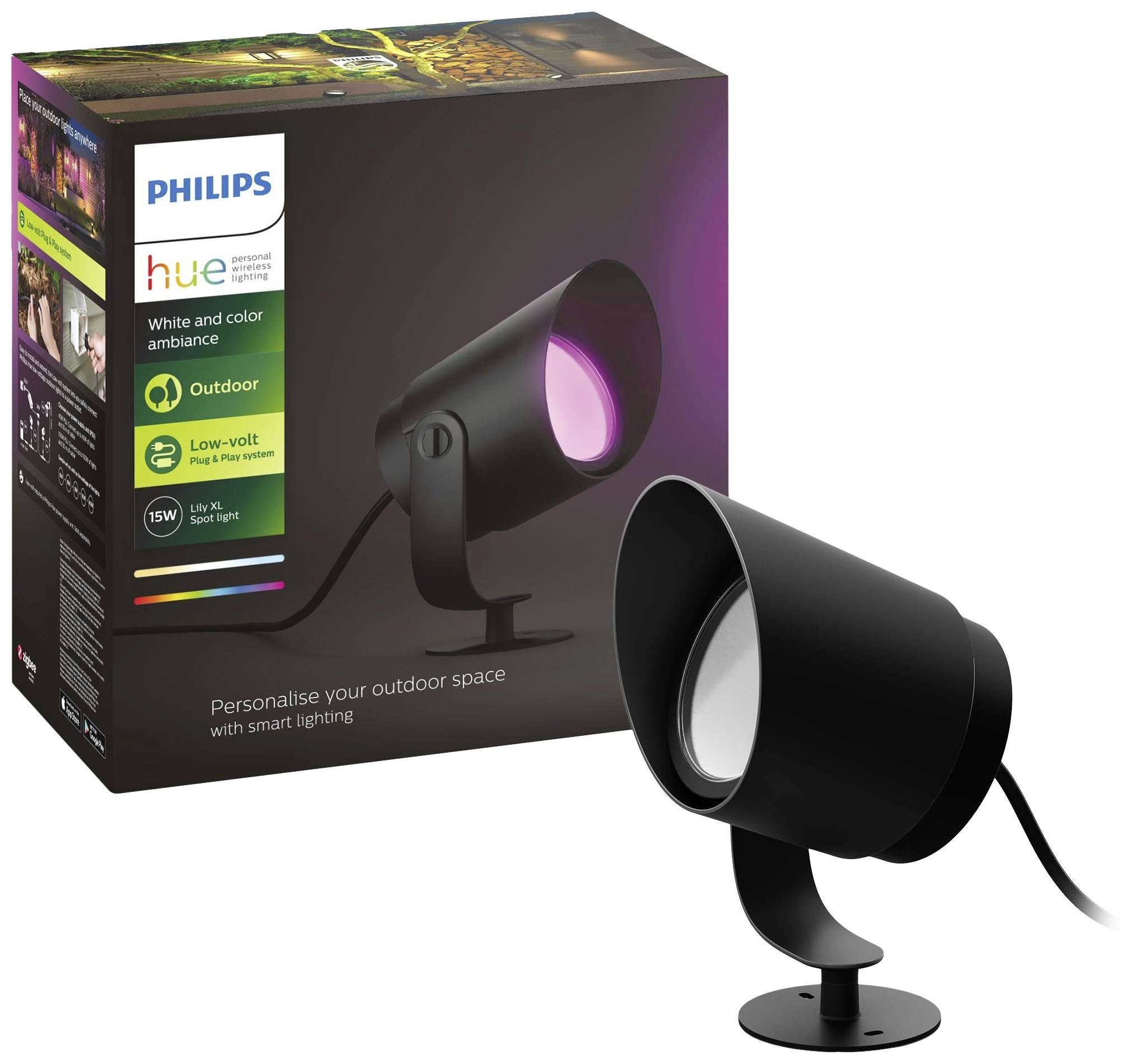 Schwarzer Philips Hue Outdoor-Strahler vor Verpackung. Produkt bewirbt Smart Lighting für individuelle Außenbeleuchtung.