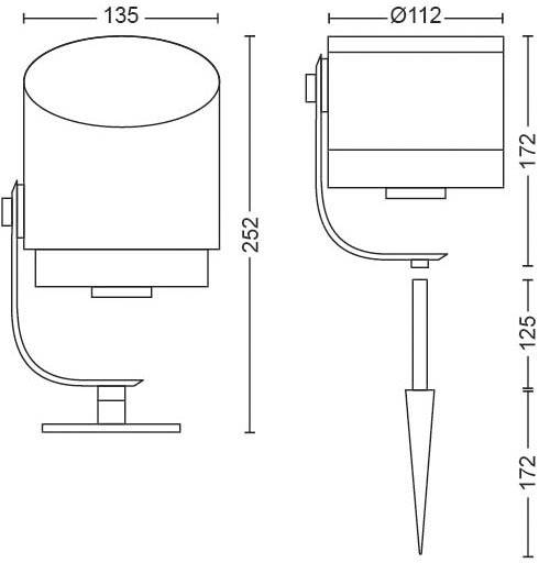 'Technische Zeichnung einer Außenleuchte mit Erdspieß. Maße: Höhe 252 mm, Durchmesser 135 mm, seitliche Höhe 172 mm, Durchmesser 112 mm.'