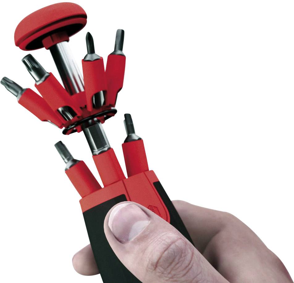 Ein Handwerker hält einen Schraubendreher mit ausklappbarem Bit-Magazin. Der Schraubendreher ist ergonomisch gestaltet und rot-schwarz.