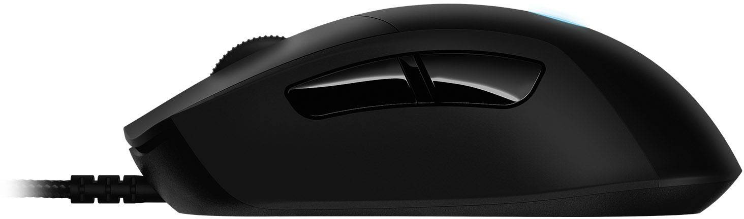 Schwarze kabelgebundene Computermaus mit zwei Seitentasten, seitlicher Ansicht.