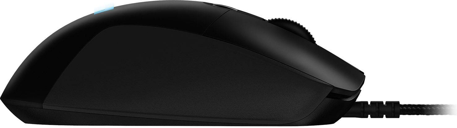 Schwarze Computermouse, seitliche Ansicht, Kabel angeschlossen, geeignet für Gaming mit ergonomischem Design.