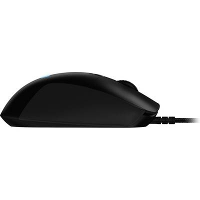 Schwarze Computermouse, seitliche Ansicht, Kabel angeschlossen, geeignet für Gaming mit ergonomischem Design.
