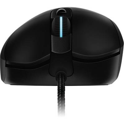 Eine schwarze Computermaus mit beleuchtetem Scrollrad und geflochtenem Kabel, frontal dargestellt.