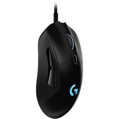 Schwarze kabelgebundene Gaming-Maus mit zwei Daumentasten, beleuchtetem Scrollrad und leuchtendem 'G'-Logo.