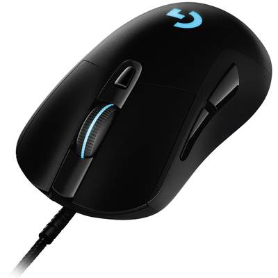 Schwarze Gaming-Maus mit beleuchtetem Scrollrad und seitlichen Tasten, geeignet für PC-Spiele.
