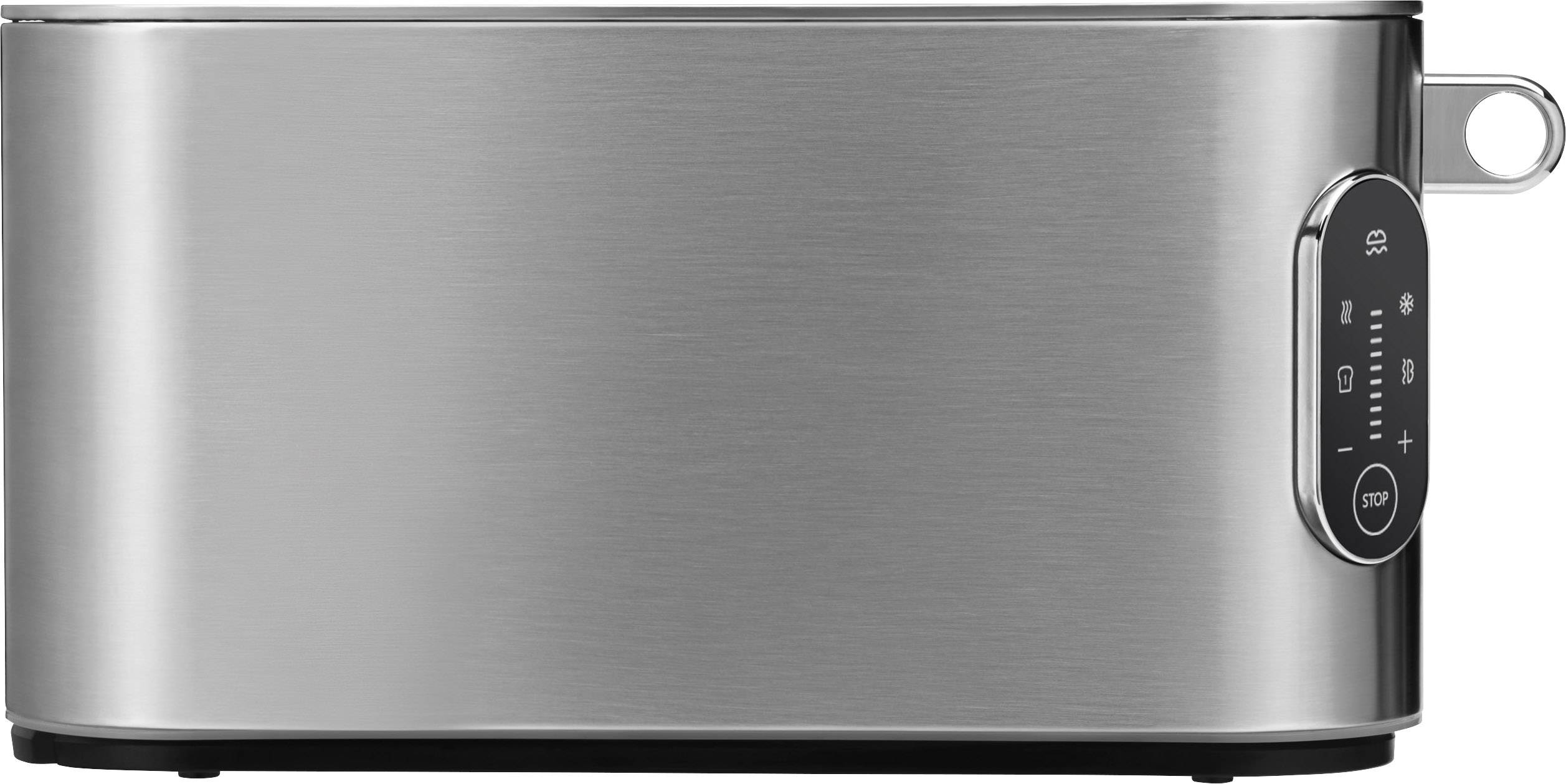 Ein moderner Toaster aus Edelstahl mit einem digitalen Bedienfeld und mehreren Tasten an der Seite für verschiedene Toaststufen.