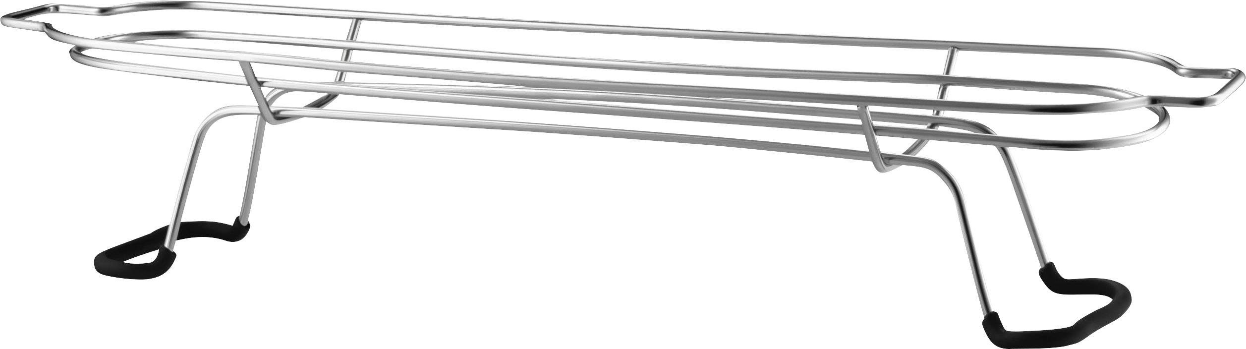 Metallischer Flaschenhalter mit geschwungenem Design, gebogenes Gestell und rutschfeste Füße. Geeignet zum sicheren Halten von Flaschen.
