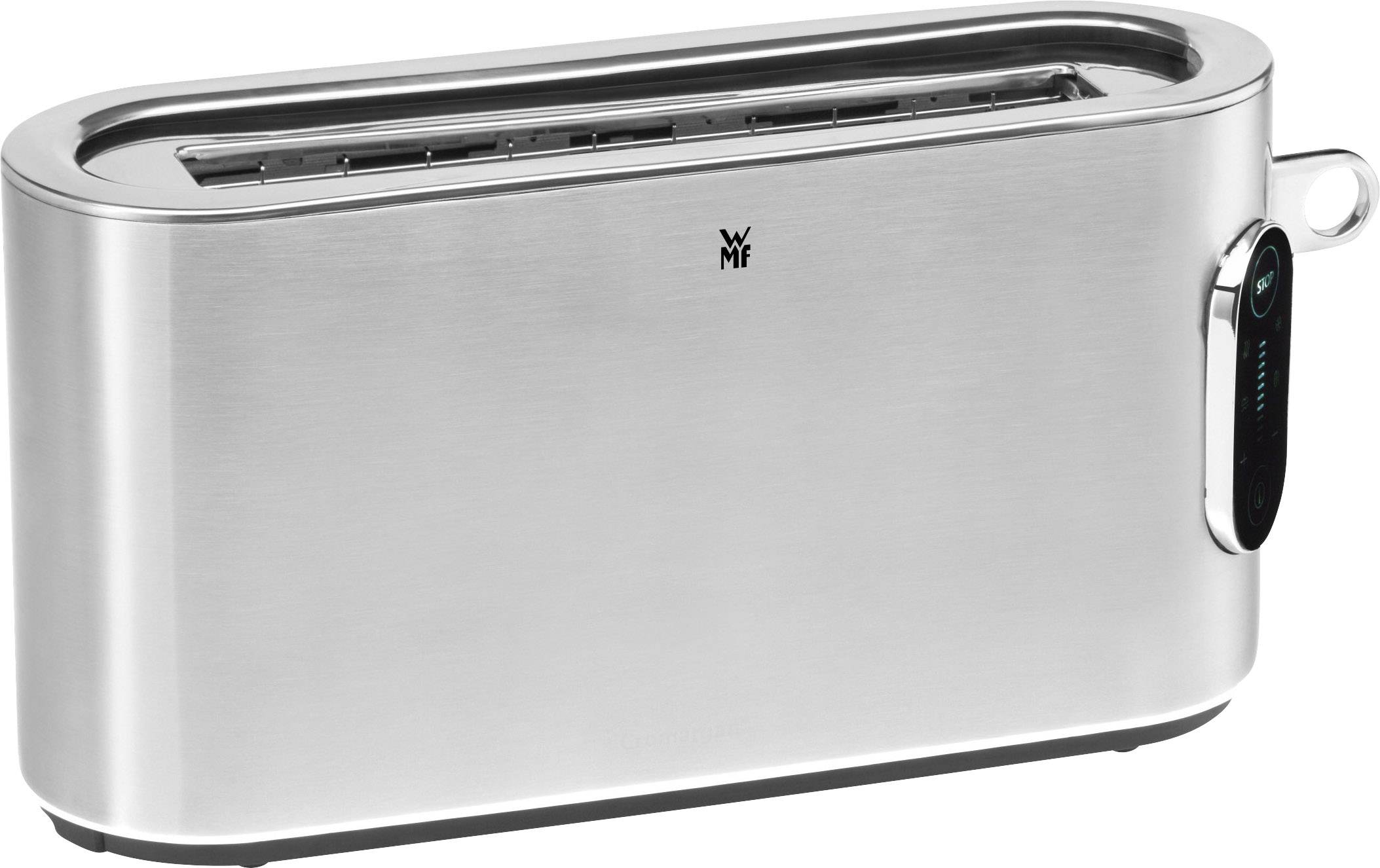 Ein Toaster aus Edelstahl mit digitalem Bedienfeld auf der rechten Seite. Geeignet für lange Brotscheiben.