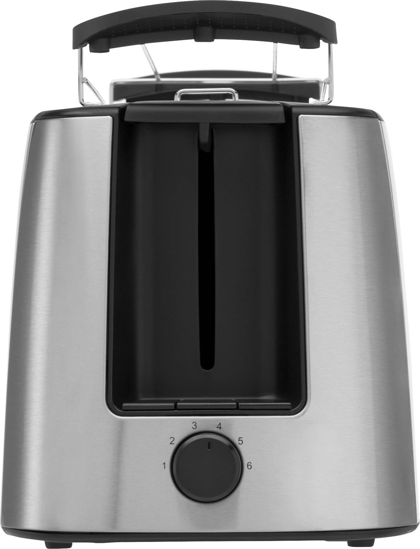 Toaster aus Edelstahl mit zwei Schlitzen und einem Drehknopf zur Bräunungseinstellung, freistehend auf einer Oberfläche.