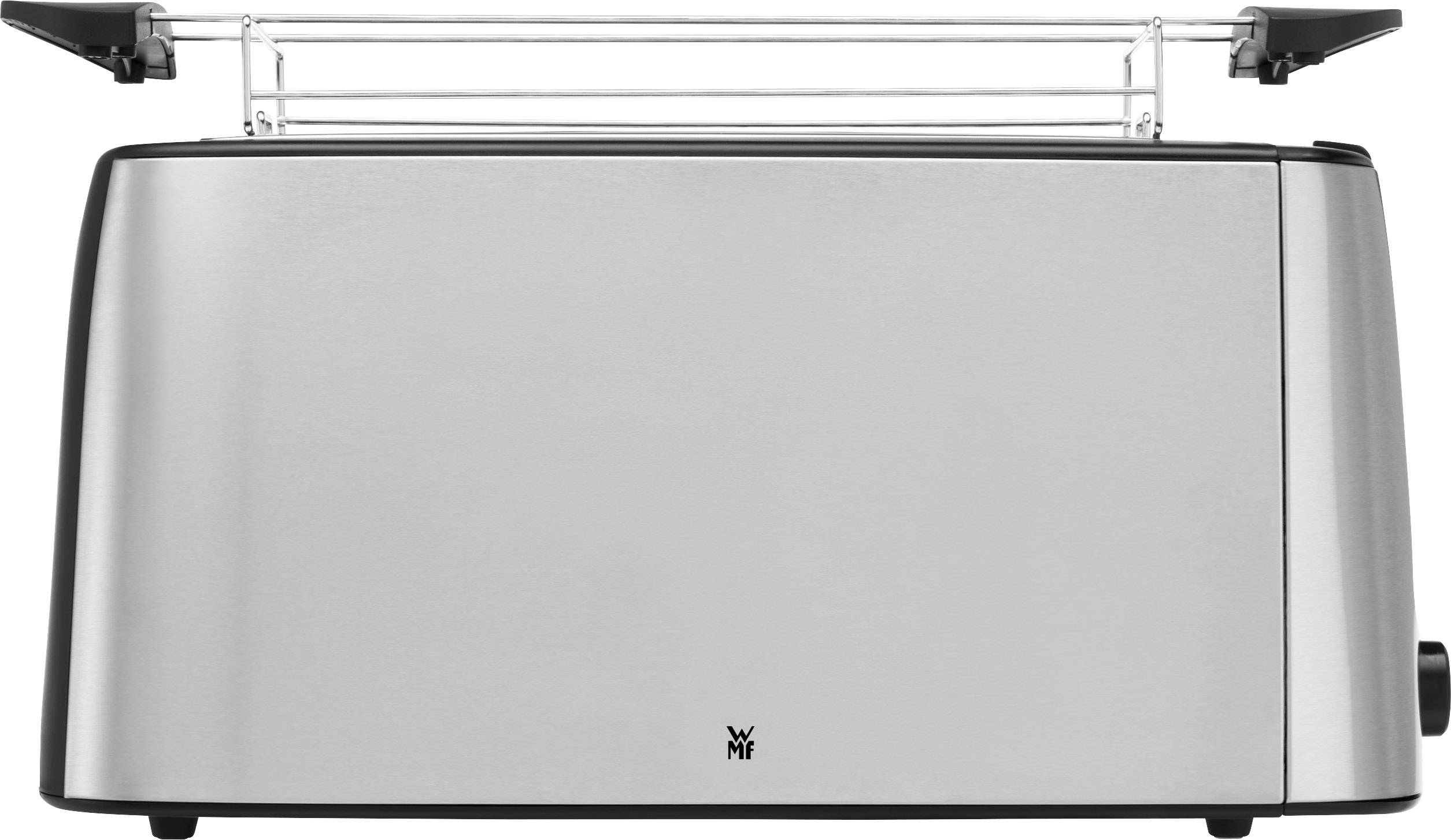 Silberner Toaster mit zwei Schlitzen und Heberost oben.