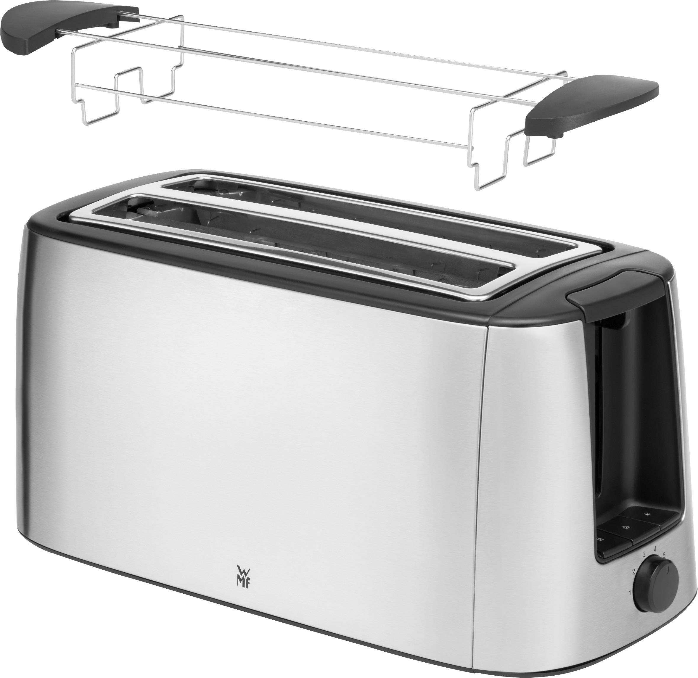 Silberner Toaster mit zwei Schlitzen und einem abnehmbaren Brötchenaufsatz. Das Gerät hat ein modernes Design.