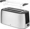 Silberner Toaster mit zwei Schlitzen und einem abnehmbaren Brötchenaufsatz. Das Gerät hat ein modernes Design.