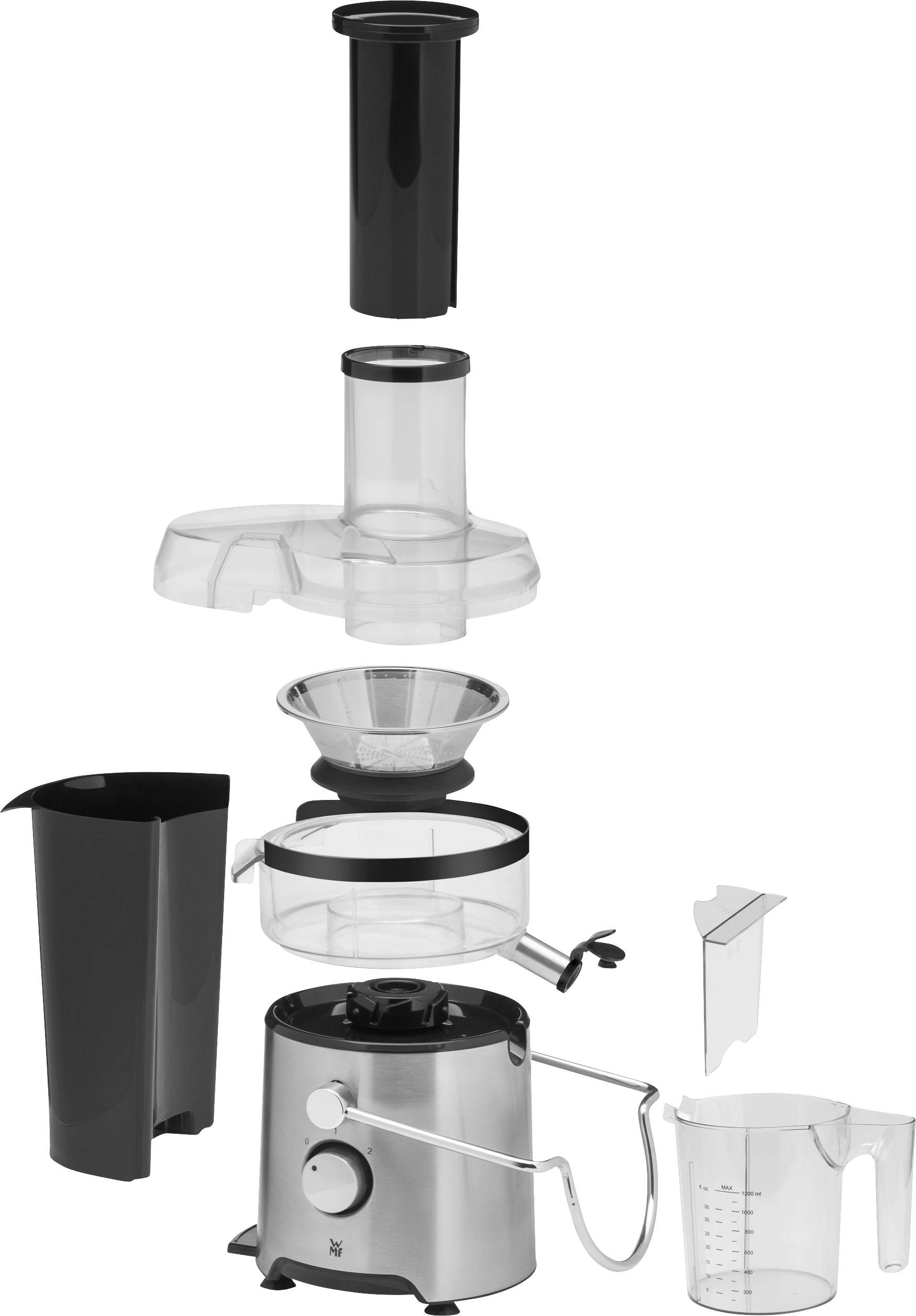 Explosionszeichnung eines silbernen Entsafters mit schwarz-grauen Bauteilen. Zeigt Hauptkomponenten wie Deckel, Fruchtfleischbehälter und Auffangbehälter.