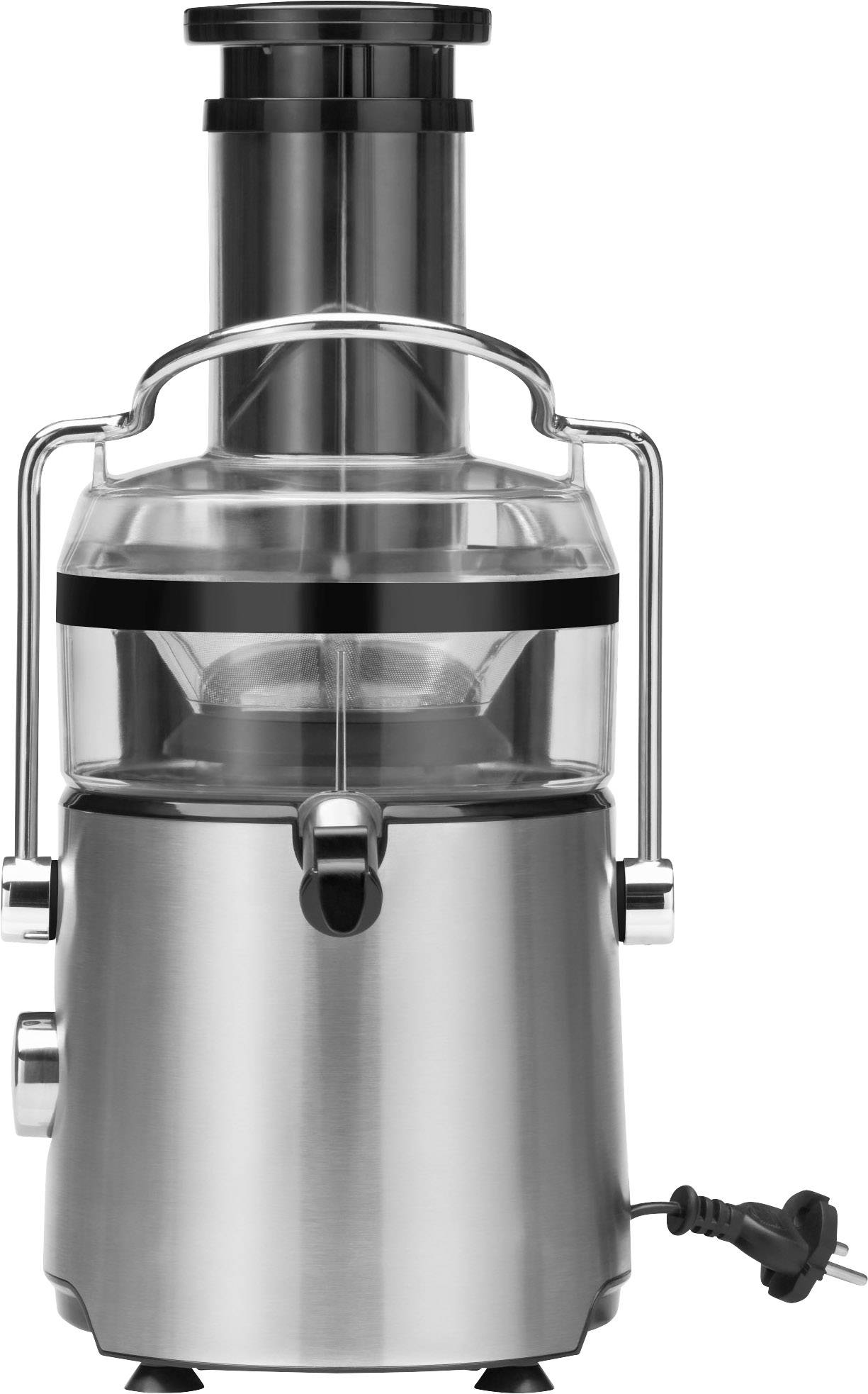 Entsafter aus Edelstahl mit transparentem Behälter und Auslauf, geeignet für die Zubereitung von frischen Säften.