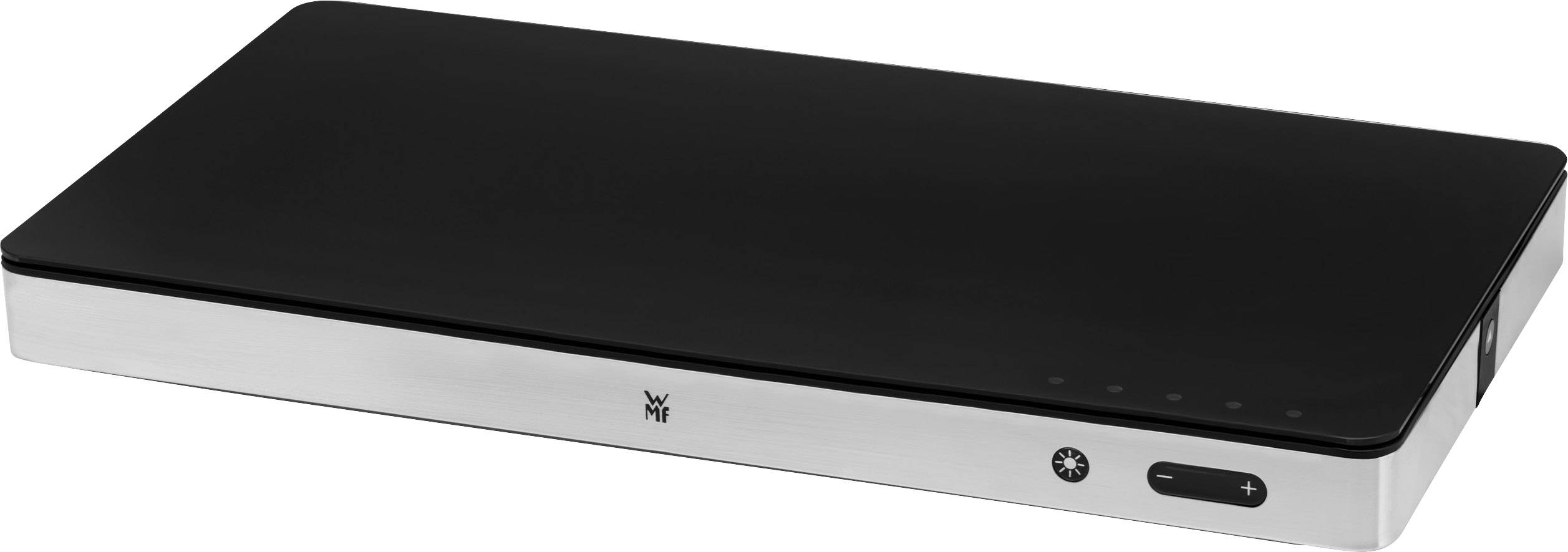 Schwarze Induktionskochplatte mit Edelstahlrahmen, rechteckig. Steuerknöpfe an der Vorderseite, kompakte Größe für mobile Verwendung.