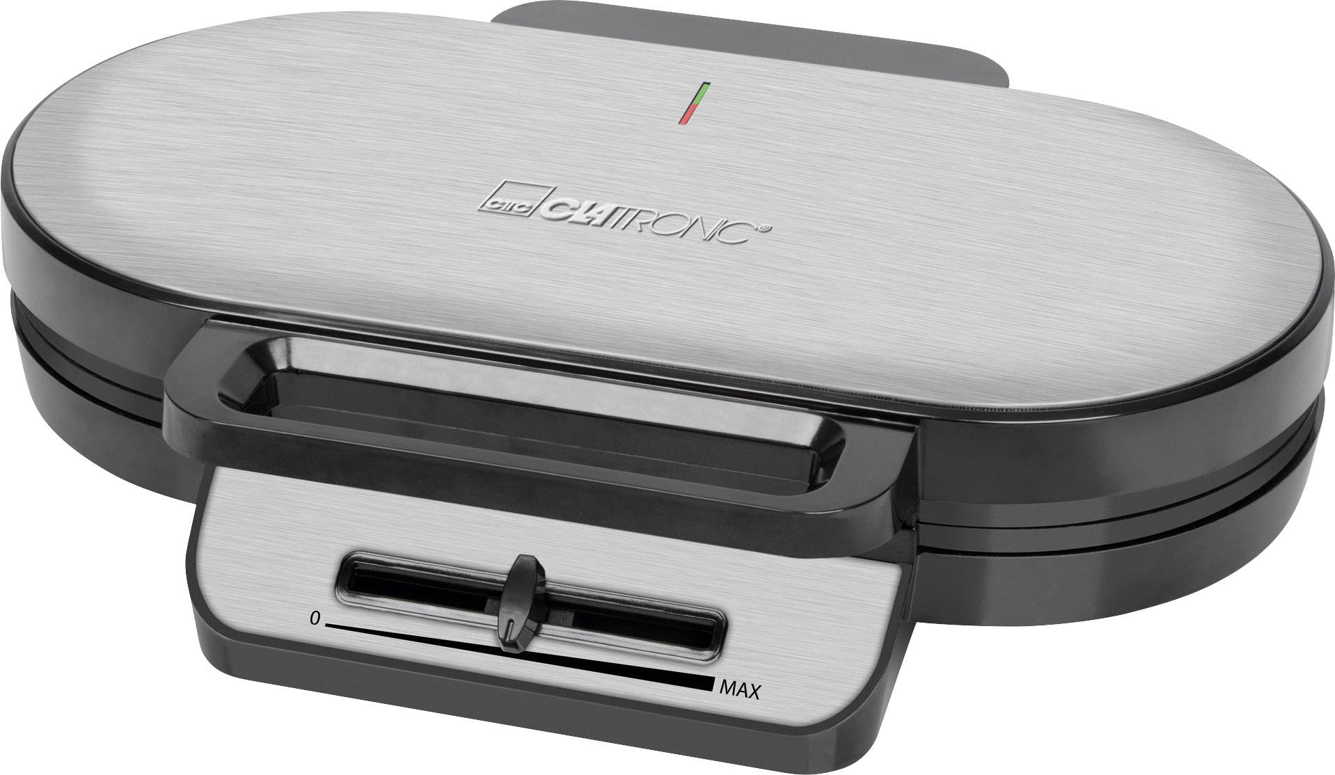 Ein ovaler Waffelautomat aus Edelstahl mit schwarzem Rand, einem Temperaturregler und einem roten und grünen Lämpchen auf dem Deckel.