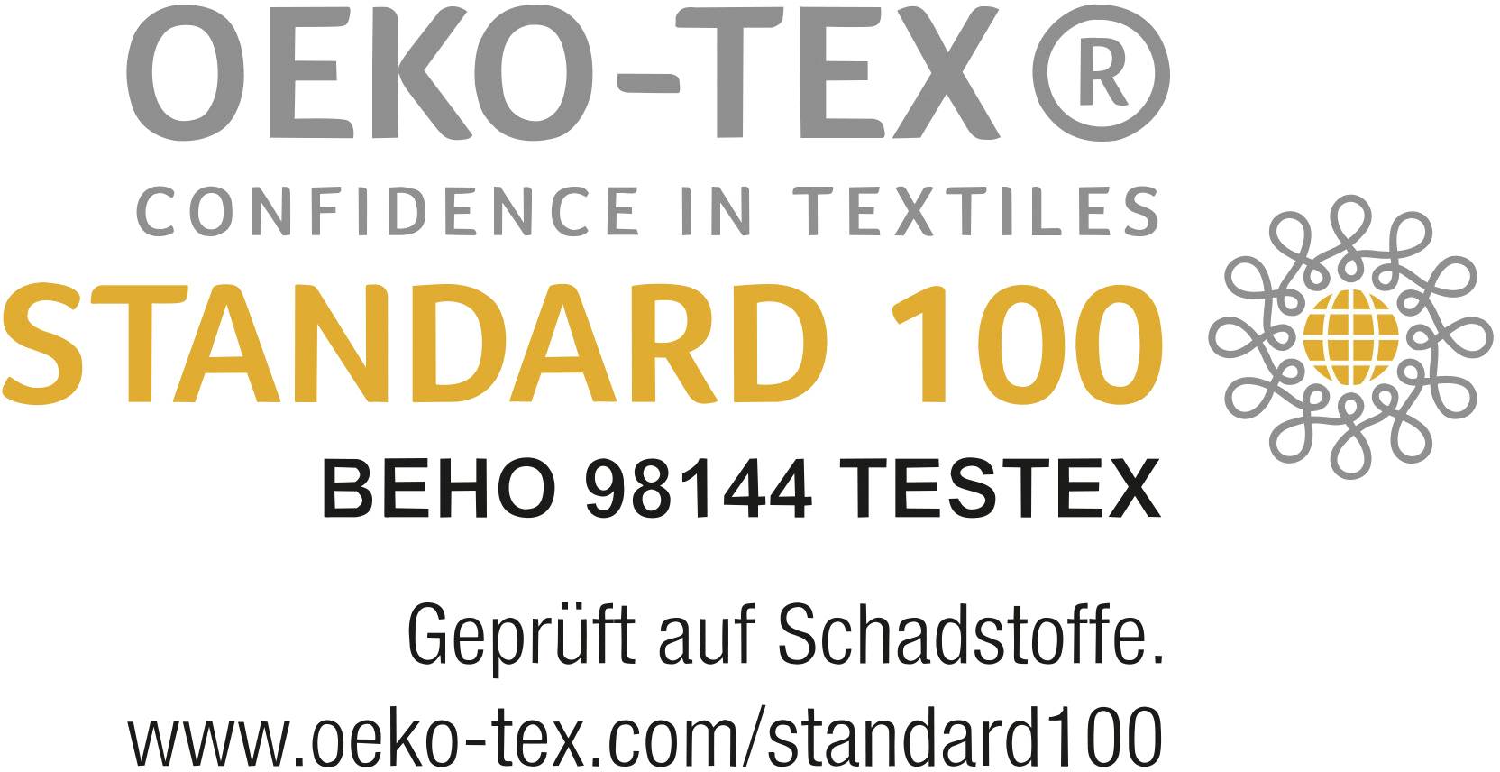 'OEKO-TEX STANDARD 100' Logo, 'Geprüft auf Schadstoffe'. Website: www.oeko-tex.com/standard100. Textile-Trust-Zertifikat-Info.