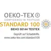 'OEKO-TEX STANDARD 100' Logo, 'Geprüft auf Schadstoffe'. Website: www.oeko-tex.com/standard100. Textile-Trust-Zertifikat-Info.