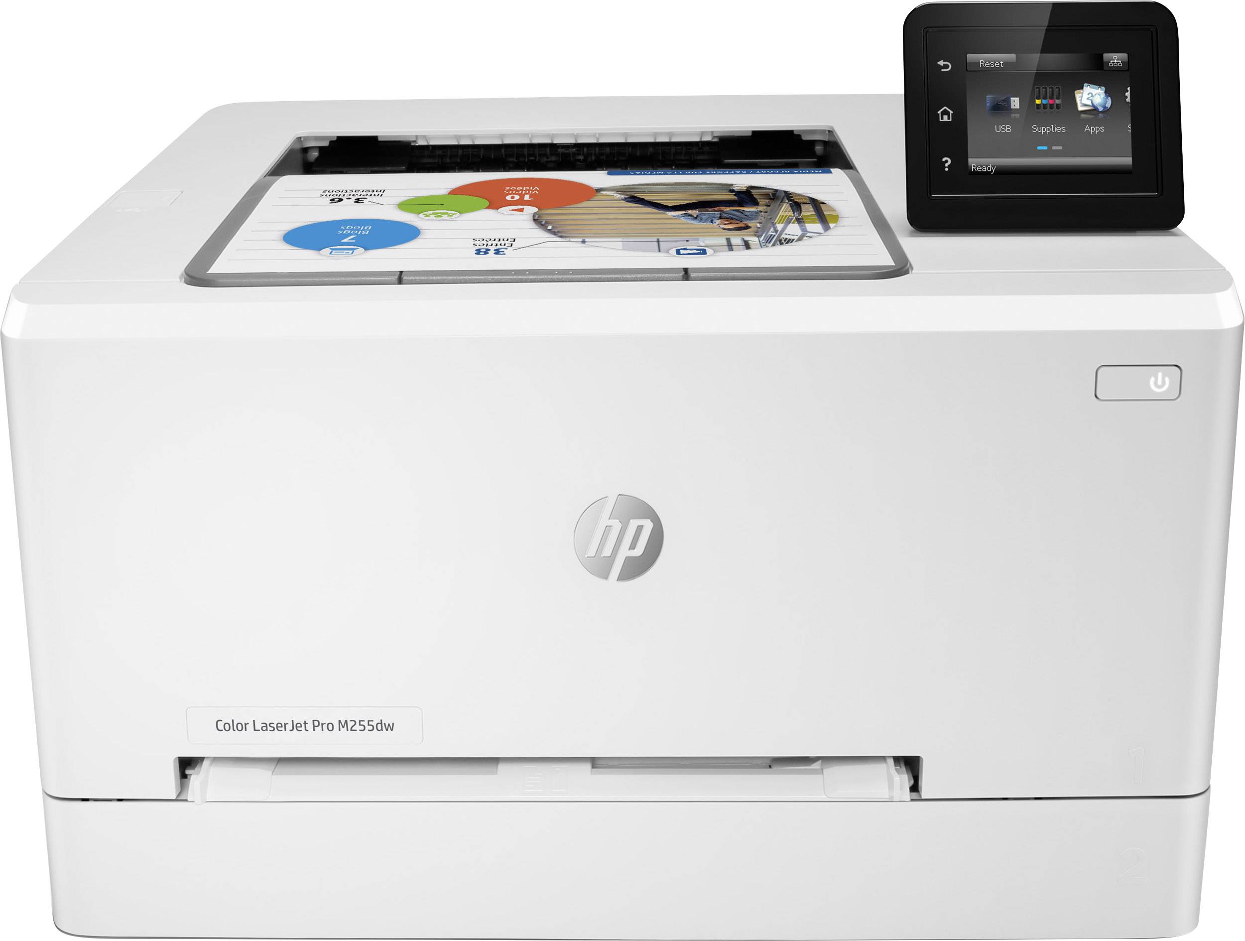 HP Drucker, Modell Color LaserJet Pro M252dw, mit Bildschirm rechts oben, auf dem Druckoptionen angezeigt werden.