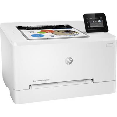 Ein weißer HP Farblaserdrucker mit einem kleinen Display auf der rechten Seite. Ein bedrucktes Papier mit bunten Grafiken ragt heraus.