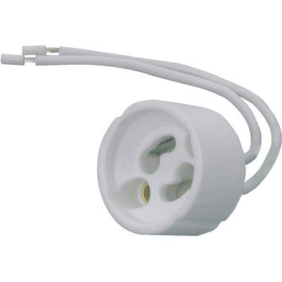 Ein weißes Keramiklampensockel mit zwei Kabeln, geeignet für den Anschluss von Glühlampen in einer Lampenfassung.