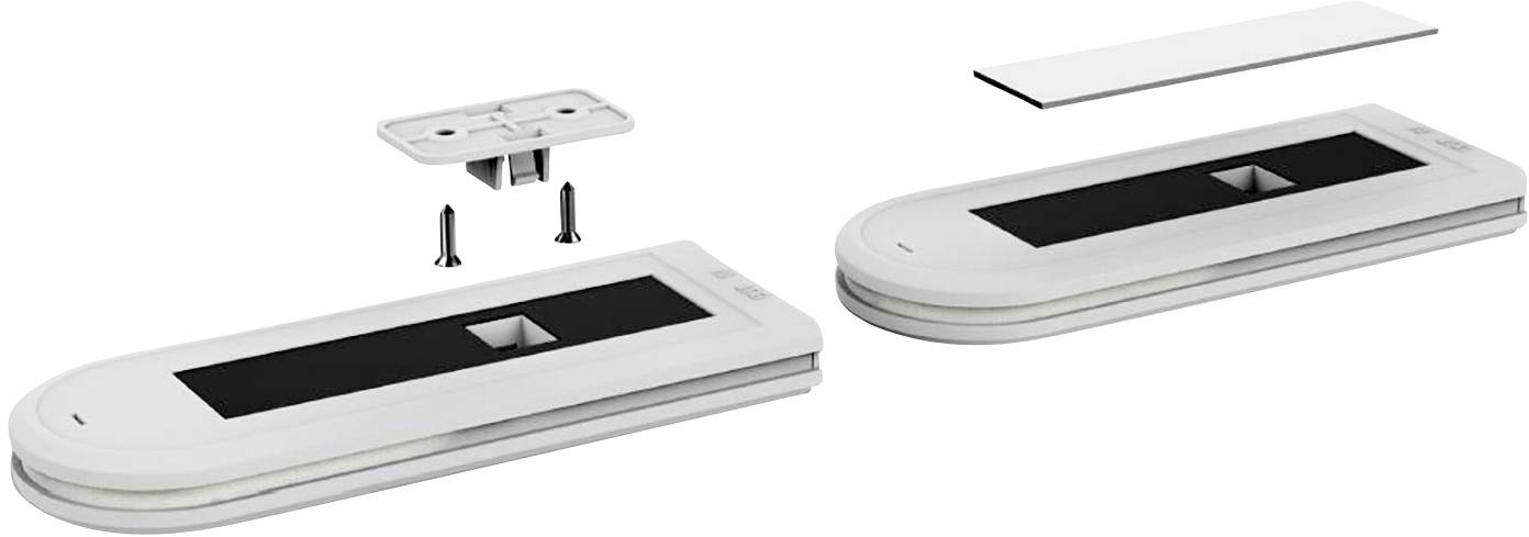 Zwei schmale, rechteckige Geräte mit schwarzen Mittelstreifen und abgerundeten Ecken, daneben Schrauben und eine Montageplatte.