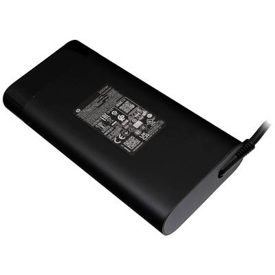 Ein schwarzes Laptop-Netzteil mit Herstelleretikett und technischen Spezifikationen ist auf der Oberseite sichtbar.