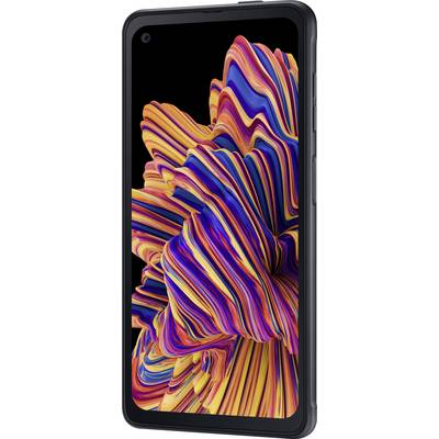 Ein Smartphone mit einem lebhaften, bunten Bild auf dem Bildschirm, das orange, blaue und gelbe wellenförmige Streifen zeigt.