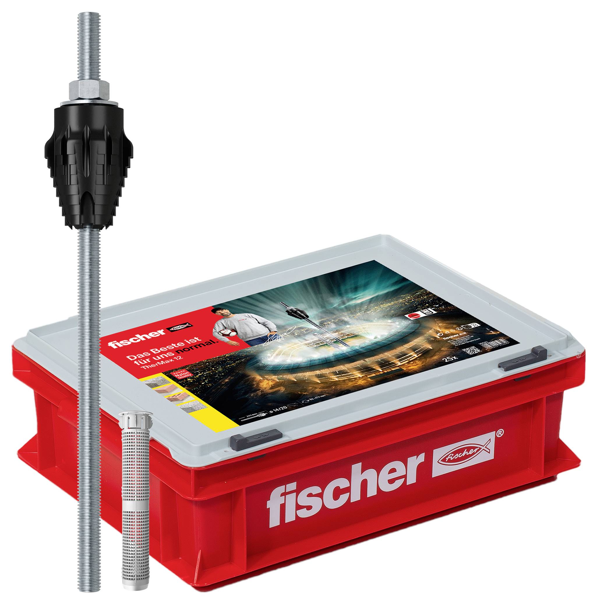 Ein Fischer-Befestigungsset mit Schrauben, Dübeln und einem Bohrer daneben. Präsentiert in einem roten Kunststoffkasten mit Markenlogo.