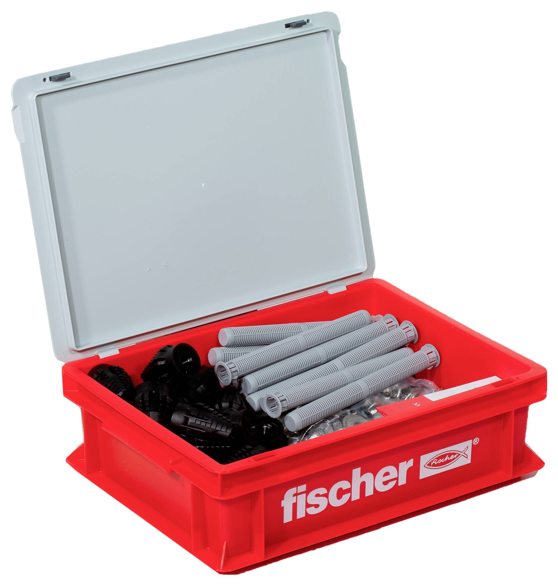 Rote Werkzeugbox mit grauen und schwarzen Dübeln, offen und von der Marke 'fischer'. Enthält verschiedene Dübelgrößen für Bauzwecke.