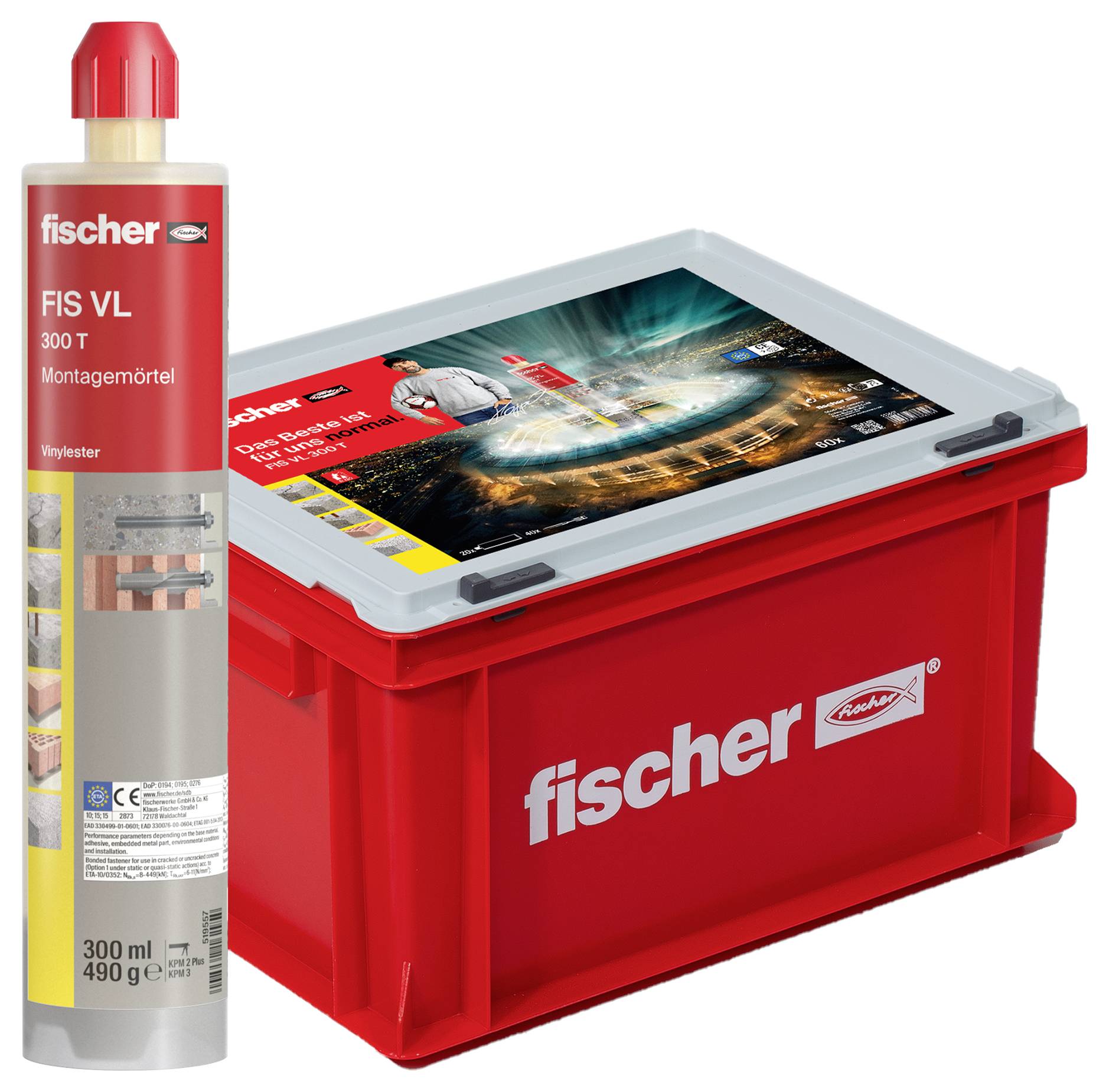 Kunststoffkoffer mit fischer-Logo und FIS VL 300 T Montage-Mörtelkartusche. Enthält Bild und Text zu Montageanwendungen.