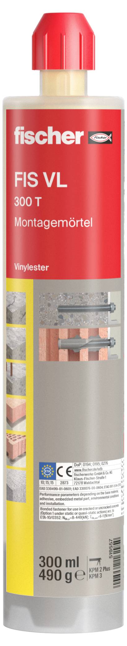 Kartusche Fischer FIS VL 300 T Montagemörtel, rot-graues Design, ideal für Befestigungen in Voll- und Lochbaustoffen, 300 ml.