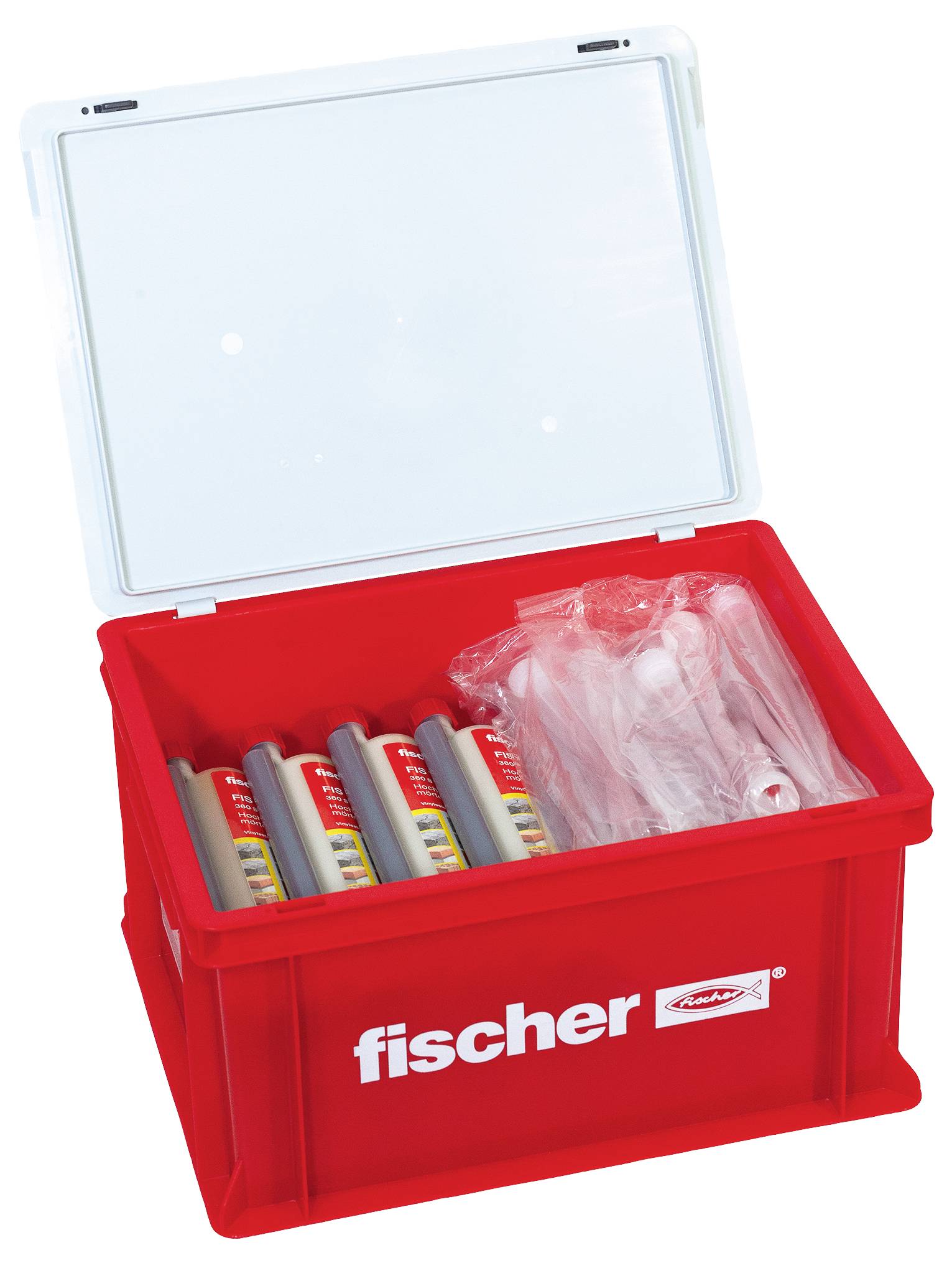 Rote Box mit der Aufschrift 'fischer', geöffnet und gefüllt mit mehreren Kartuschen und Beuteln.