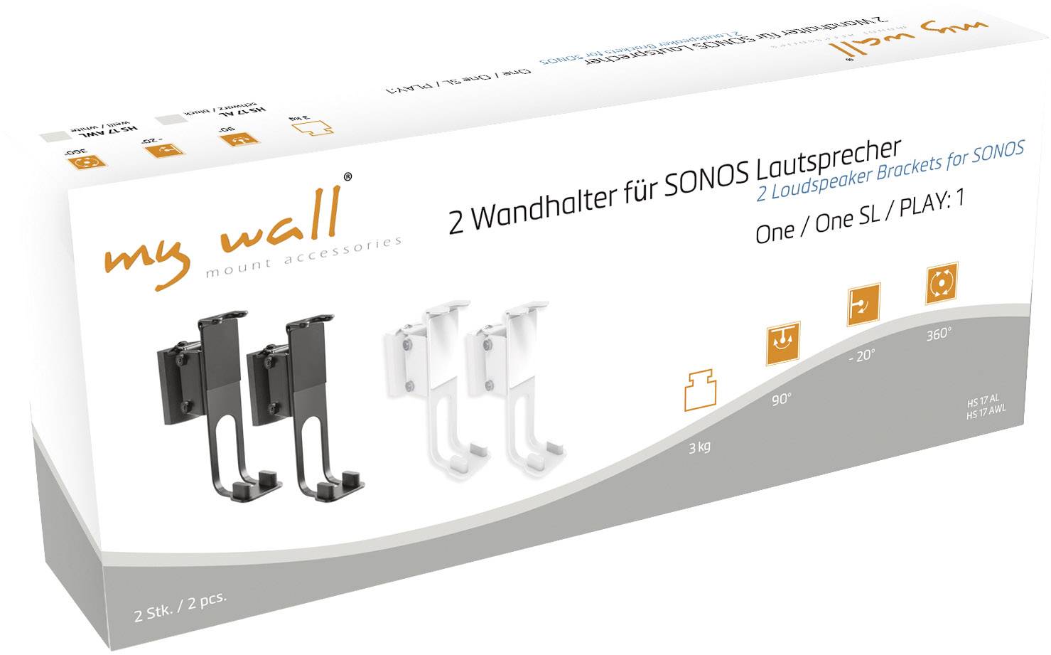 Verpackung mit zwei Wandhaltern für Sonos-Lautsprecher in Schwarz und Weiß. Enthält Montagezubehör und Details zu Neigungswinkeln.