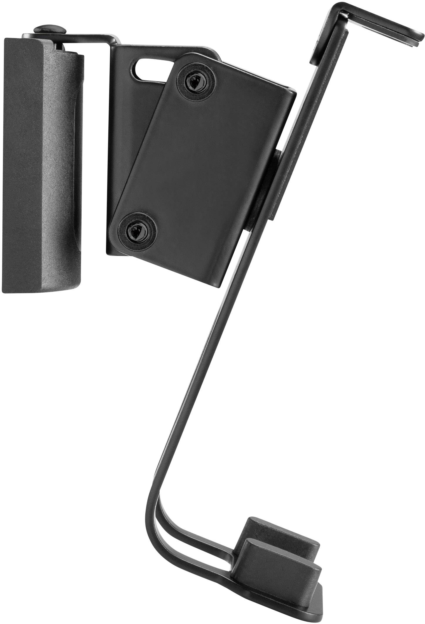 Ein schwarzer, verstellbarer Metallhalter mit Schrauben und einem gebogenen Arm. Geeignet zur Befestigung an einer Oberfläche.