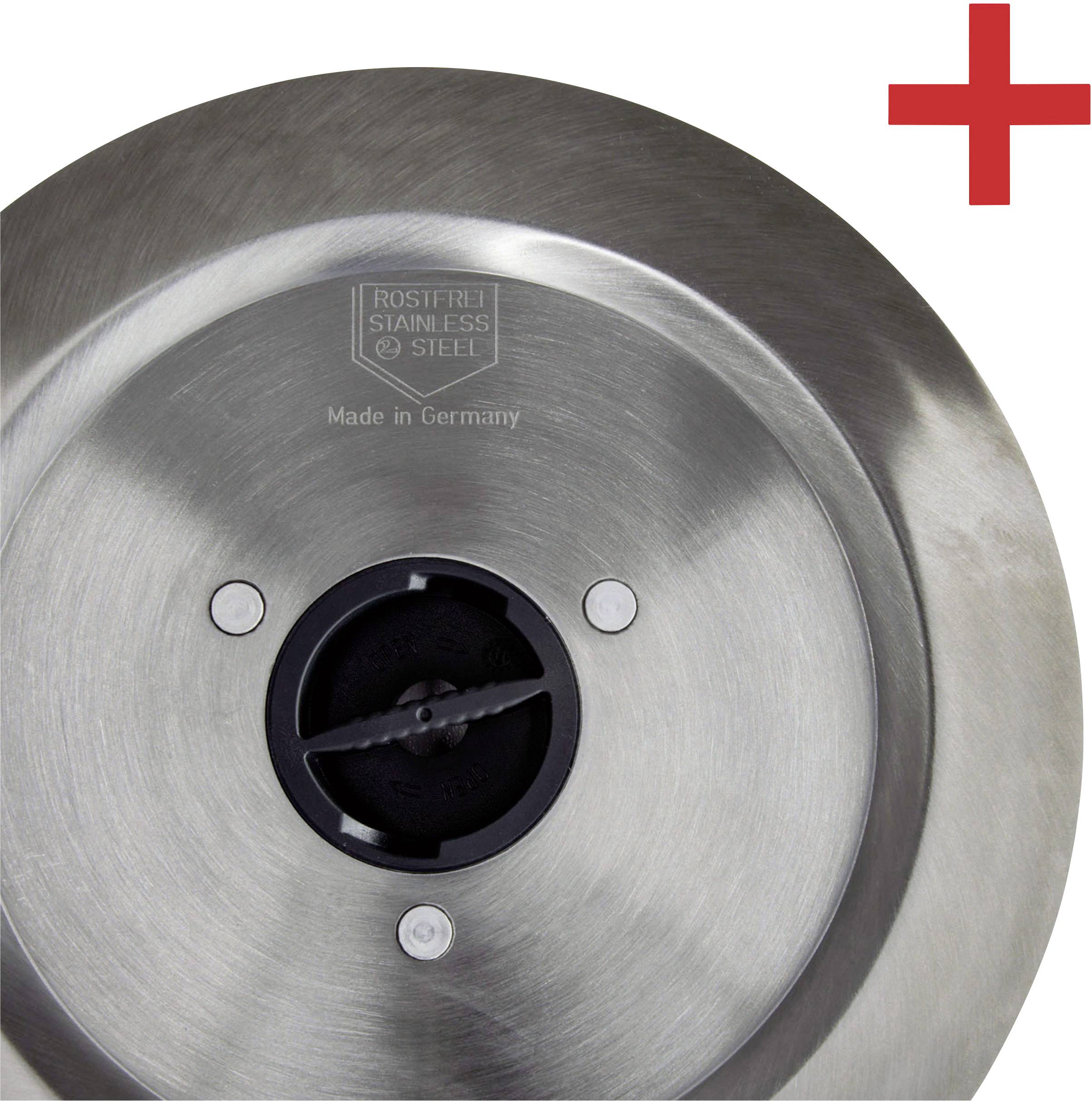 Runde Edelstahlklingel mit rotem Pluszeichen oben rechts, Gravur 'Rostfrei Stainless Steel - Made in Germany'.