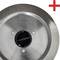 Runde Edelstahlklingel mit rotem Pluszeichen oben rechts, Gravur 'Rostfrei Stainless Steel - Made in Germany'.