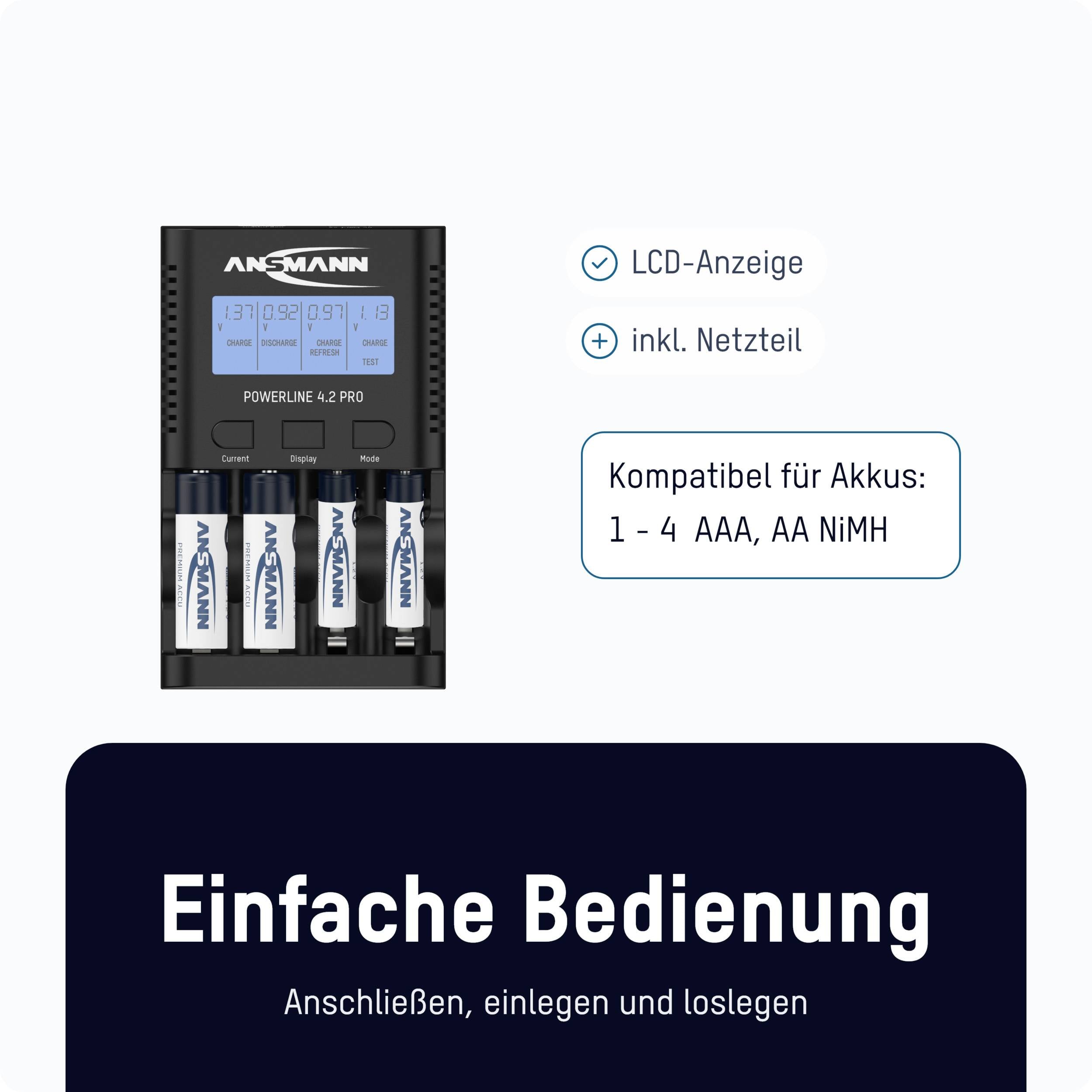 Ein Batterieladegerät mit vier eingelegten Batterien, LCD-Anzeige und Netzkabel. Text: 'Einfache Bedienung. Anschließen, einlegen und loslegen'.