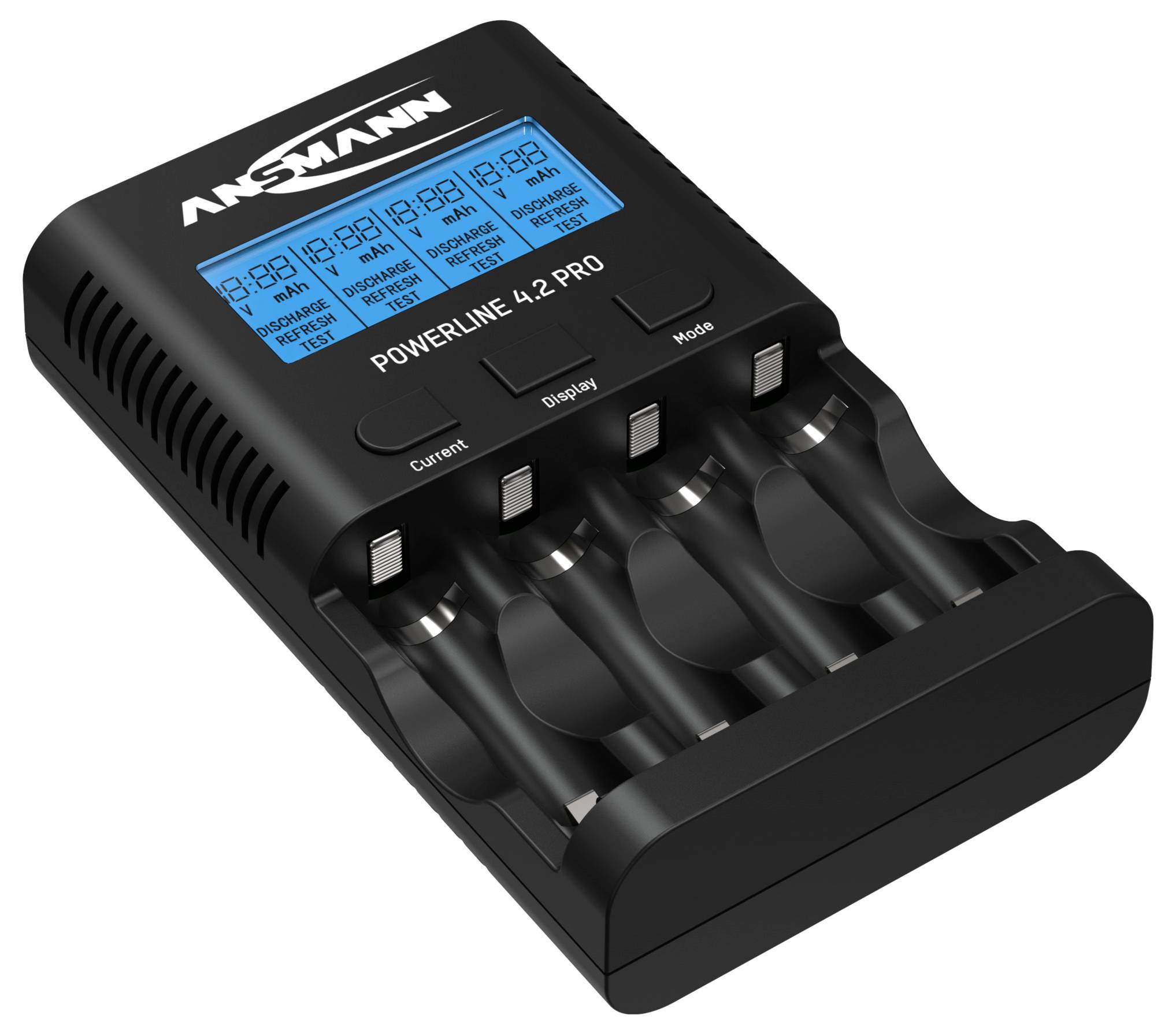 Batterieladegerät mit vier Ladeschächten, LCD-Anzeige zeigt Ladezustand und Kapazität. Modell 'Powerline 4.2 Pro' von Ansmann.