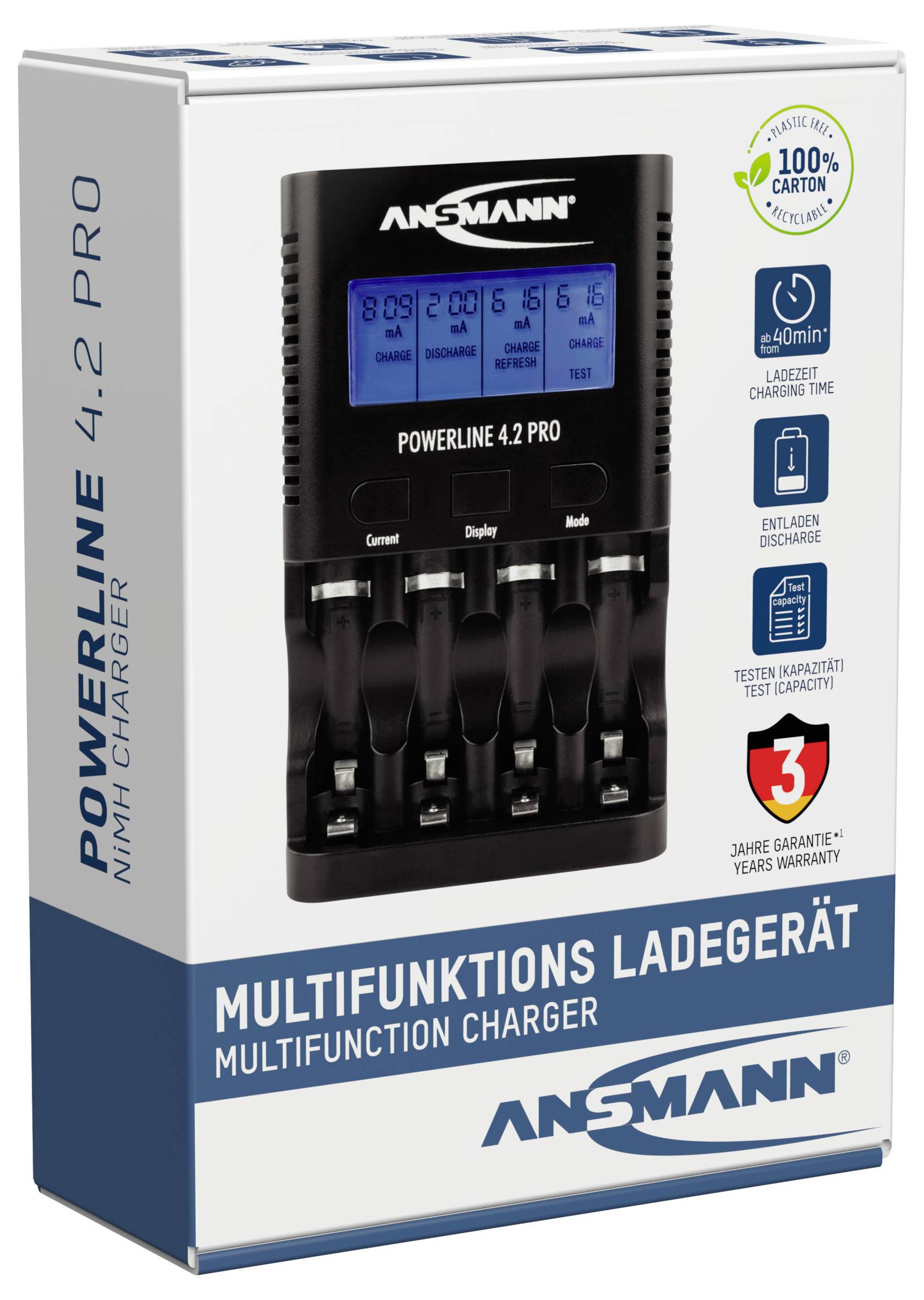 Ladegerät 'Ansmann Powerline 4.2 Pro' mit vier Ladeplätzen, LCD-Anzeige und Schnellladefunktion. Verpackung mit Umwelt- und Garantiehinweisen.