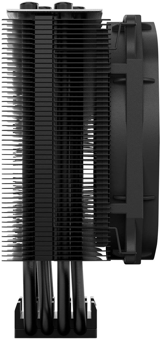 Ein schwarzer Computerprozessor-Kühler mit mehreren Kühlrippen und Lüfter, seitliche Ansicht, Fokus auf Luftstrom und Wärmeableitung.