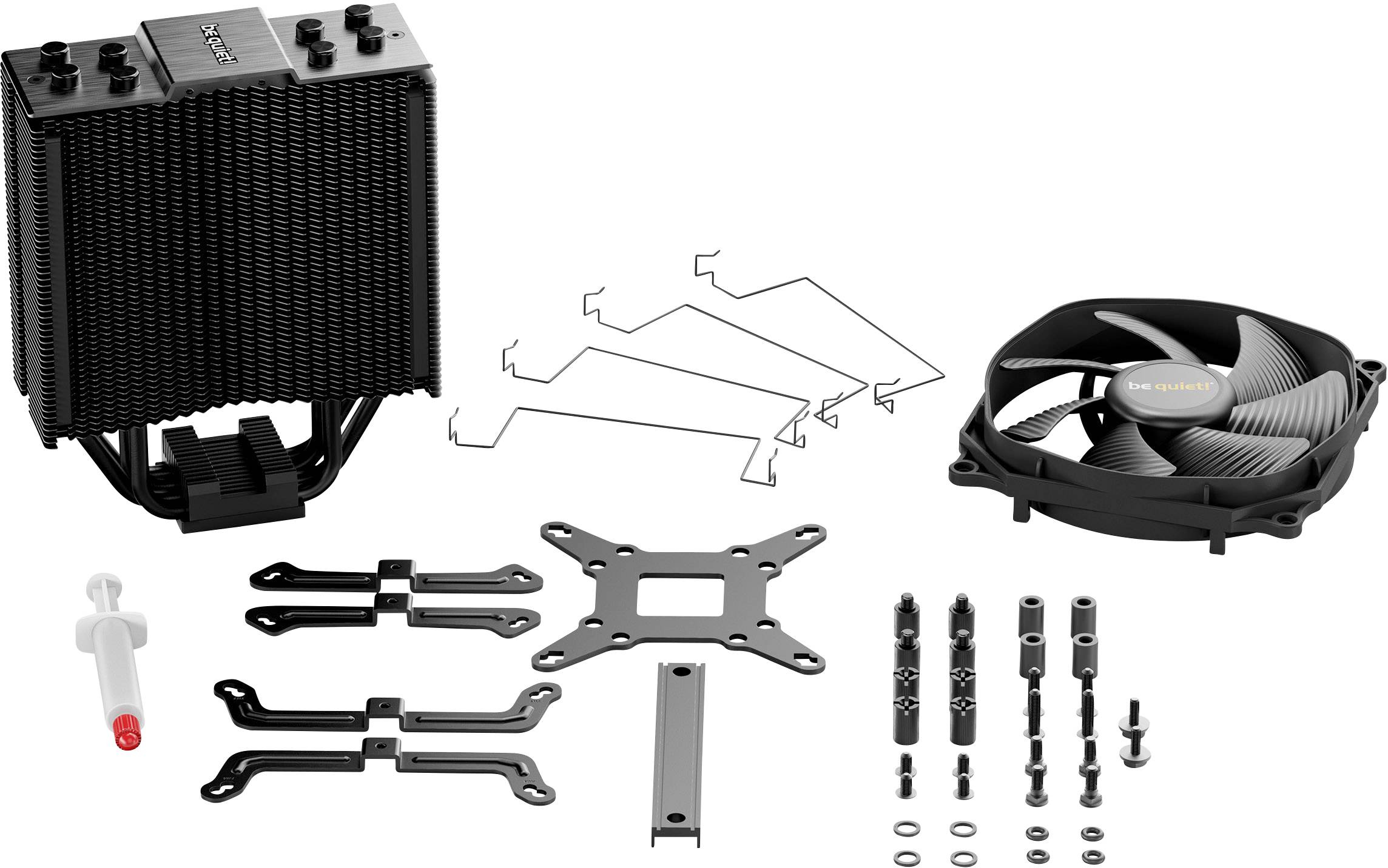 Luftkühler-Set mit Kühlkörper, Lüfter, Halterungen, Schrauben und Wärmeleitpaste für Computerprozessoren in Schwarz abgebildet.
