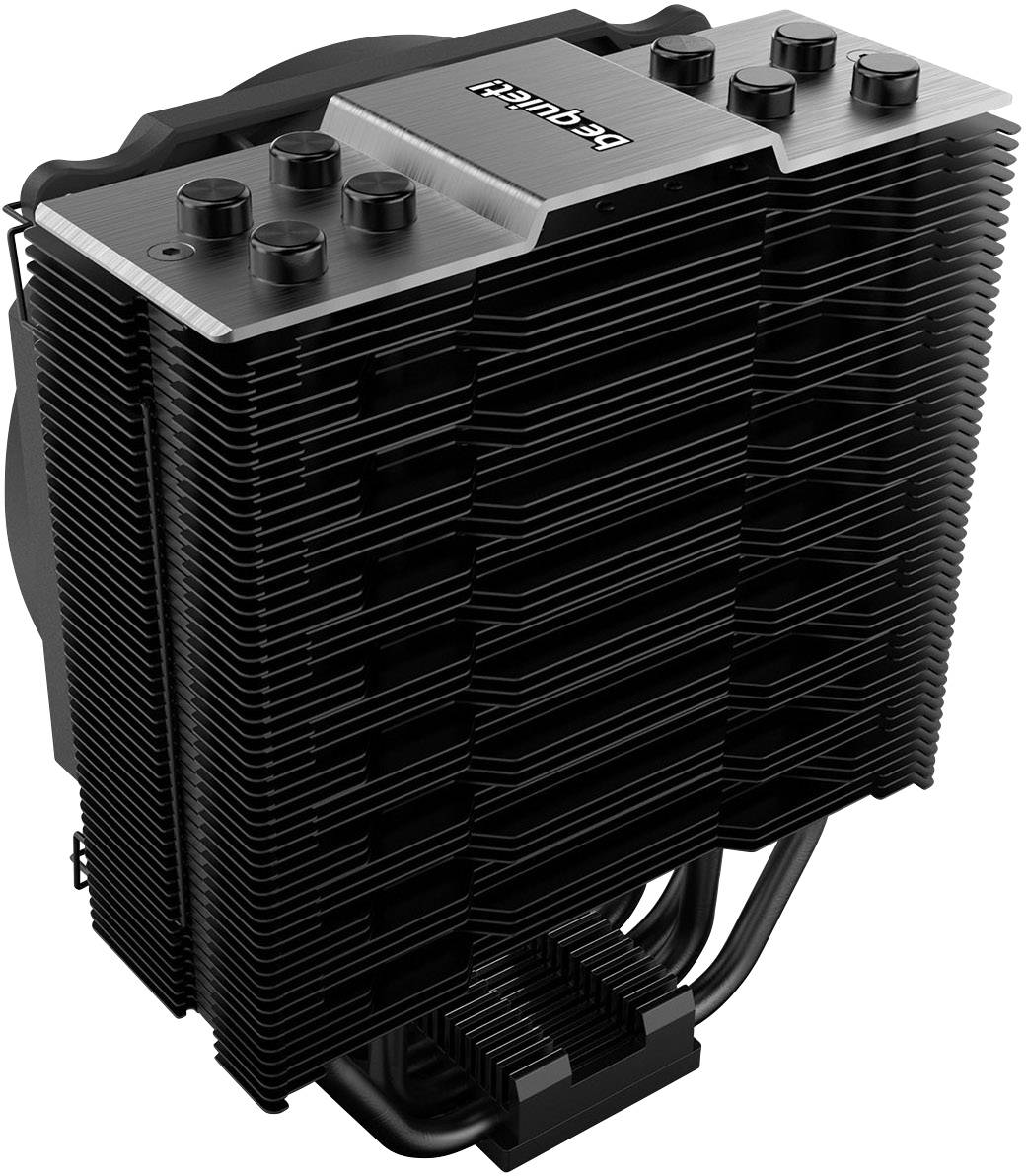 Benutzerfreundlicher CPU-Kühler mit mehreren Kühlrippen und Lüftern. Gehäuse ist schwarz, Marke 'be quiet!' erkennbar.
