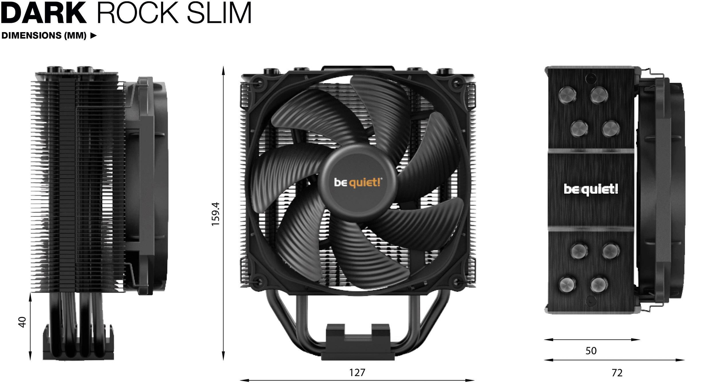 'be quiet! Dark Rock Slim' CPU-Kühler in drei Ansichten: Vorderansicht mit Lüfter, Seitenansicht und Detailansicht mit Abmessungen. Geräuschreduzierung und platzsparendes Design.