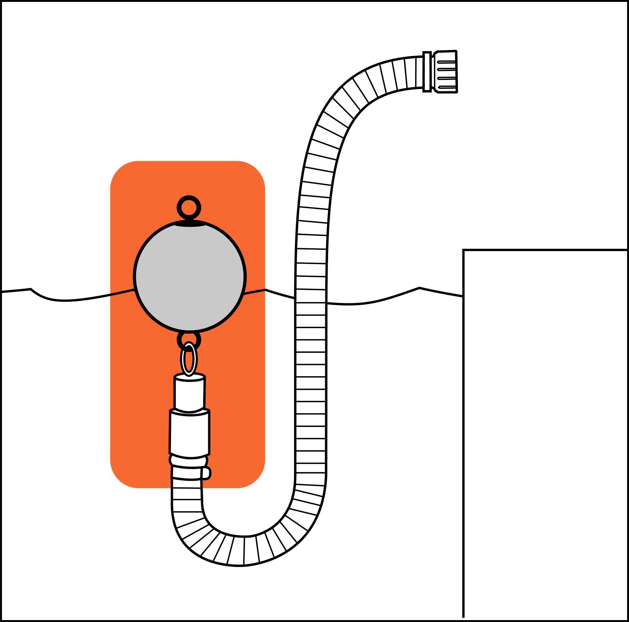 Ein schematisches Diagramm zeigt einen Schwimmschalter mit Rohr, der den Wasserstand in einem Behälter überwacht.