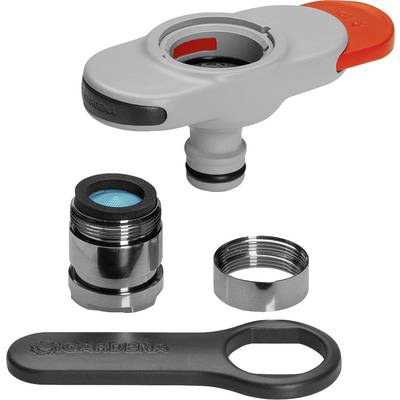 Ein Bewässerungsadapter in Einzelteilen: ein graues Gehäuse mit rotem Hebel, ein Metallfilter, ein Gewindering und ein grauer Schraubenschlüssel.